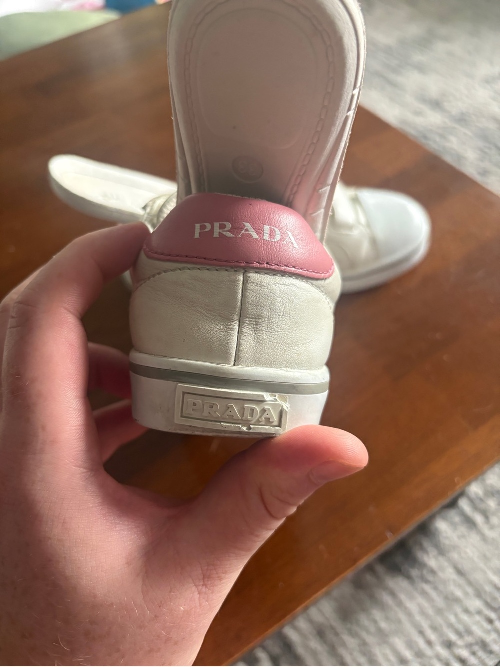 Prada Girls Pink Leather Logo Velcro Sneakers - Picture 4 of 16
